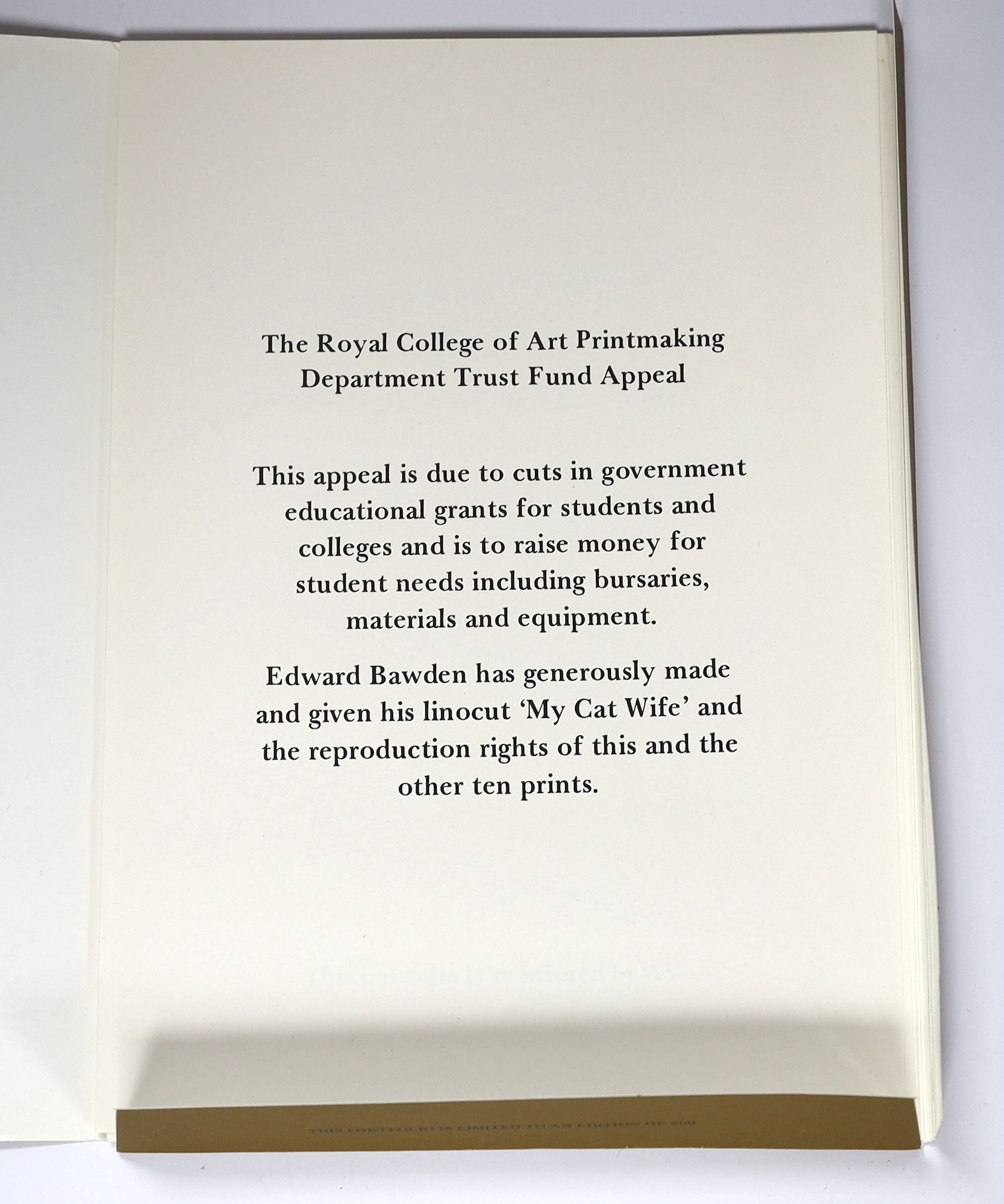 Bawden, Edward: A Portfolio for the Royal College of Art Printmaking Department Appeal Fund, one of 200, with a linocut, ‘’My Cat Wife’’ and 10 other prints, Royal College of Art, London, 1984